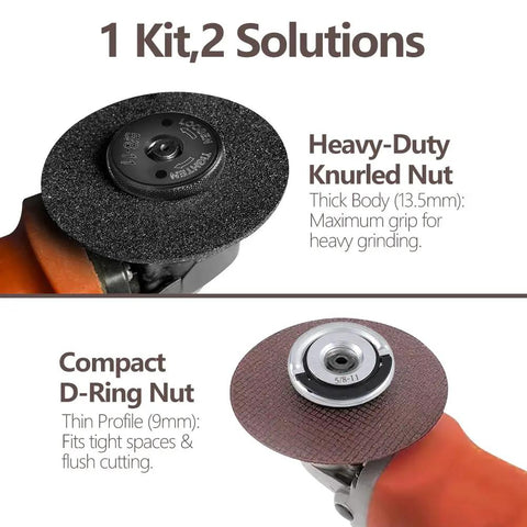 Two-Pack 5/8-11 Angle Grinder Flange Nuts Set With Tool Free Quick Release Locking Kit featuring knurled and D-ring nuts