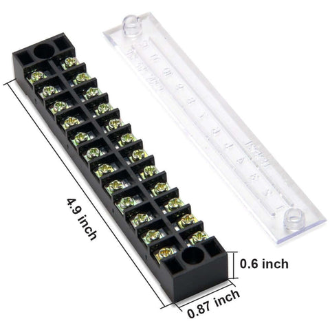 Dual Row 12 Position Screw Terminal Strip Block With Cover 600V 15A 12 Port Pre Insulated Barrier Strip with dimensions