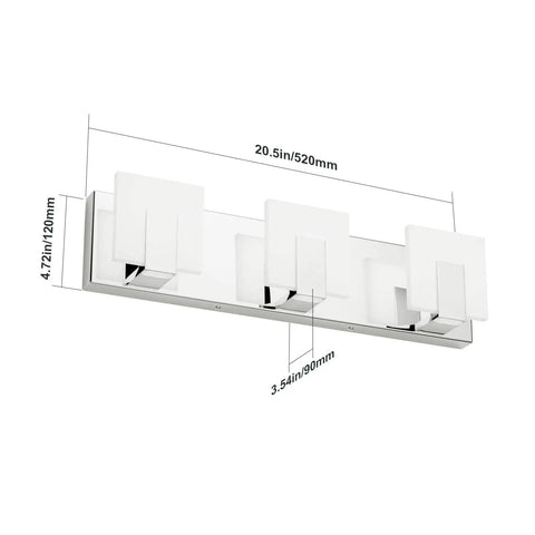 3 Light Sleek Modern LED Vanity Light For Bathroom With Frosted White Acrylic Chrome Up And Down Wall Fixtures Over Mirror White Light 6000K Ultra Bright Energy Efficient Easy Install Perfect For Powder Room, showing dimensions