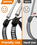 100 Pc Hose Clamp Kit With 304 Stainless Steel Worm Gear Clamps showing easy vs hard use comparison, nut drive, black dacro coated