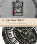 Back view of 18 Inch Moving Gears Wall Clock showing silent quartz mechanism powered by 3 AA batteries for industrial decor.