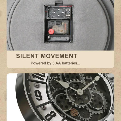 Back view of 18 Inch Moving Gears Wall Clock showing silent quartz mechanism powered by 3 AA batteries for industrial decor.