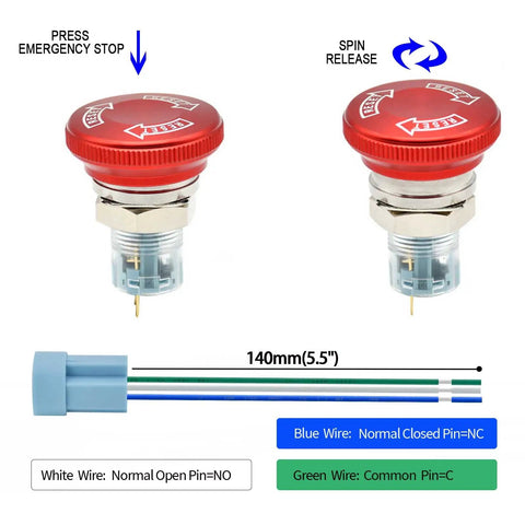 Heavy Duty 16mm Latching Emergency Stop Push Button Switch With 32mm Head In Stainless Steel 304, Wired Socket, 1NO 1NC, Aluminum Alloy Stop Cap, Ideal For 120V 12V And 5V To 220V Systems, red push button and wire diagram