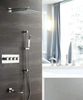 Top Shelf Wall Mounted Square Shower Head Pumping Out Serious High Pressure Power With Three Killer Spray Settings Crafted From Pure Lead Free Brass And Coated In A Scratch Resistant Silver Shell For A Straight Up Great Refresh, featuring a modern sleek design in a stylish bathroom.