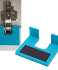 Easy Hinge Mate Quick Door Hinge Jig For Precise 2mm Alignment And Fast Door Jamb Latch Installations Cabinet Hinge Mounting Plate With Magnetic Guide For No Fuss Hinges Cutting in blue plastic with hinge installation view.