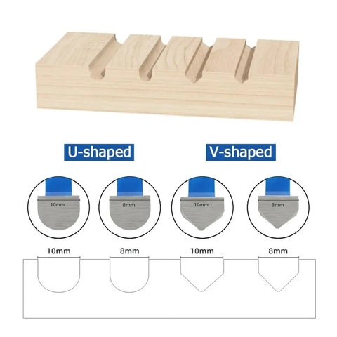 Heavy Duty Carbide Tipped Circular Saw Blade For Aluminum Composite Panels And Biscuit Joints With A Killer Sharp 6 8 Or 12 Tooth Edge For Smooth V Groove And U Channel Cuts At 95 Mm And 20mm Bore, with U-shaped and V-shaped grooves shown.