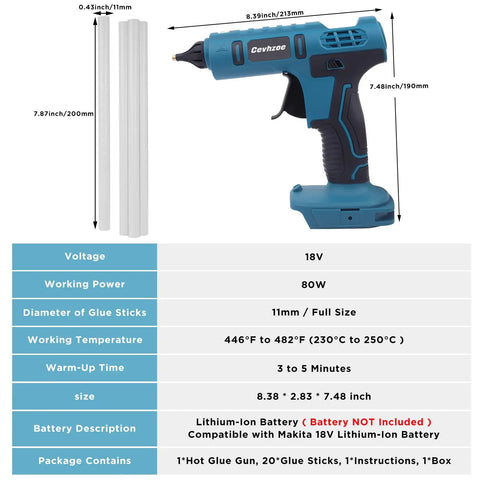 Cordless Full Size Hot Glue Gun Kit With 20 Glue Sticks And Insulated Copper Nozzle 80W Anti Drip Workhorse Crafting Tool For Heavy Duty DIY Projects Home Repairs Woodworking And Construction Tasks Compatible With 18V Li Ion Battery Not Included
