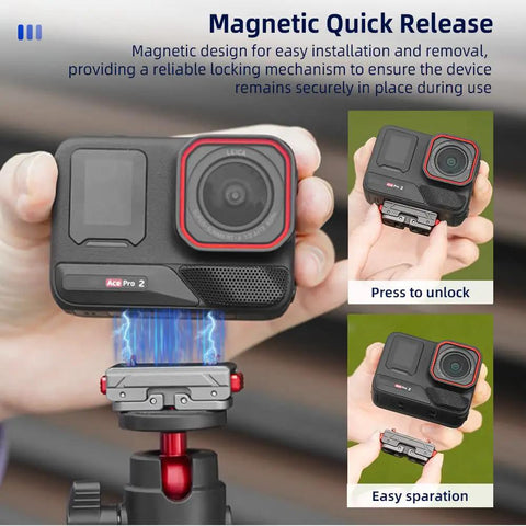 X5 Quick Release Magnetic Base Mount For Action Cameras And Tripods Aluminum Alloy Expansion Adapter With One Quarter Inch Screw Hole Compatible shown with camera attached, highlighting easy release mechanism.