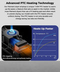 Graph and diagram illustrating the advanced PTC heating technology in the Upgraded Space Pi Filament Dryer Plus Dual Roll Dry Box.