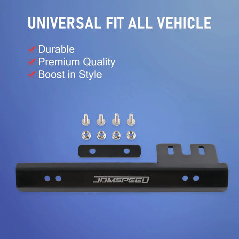 Rugged 6061 Billet Aluminum Front Bumper License Plate Relocator Bracket Mount Bar on blue background with screws.