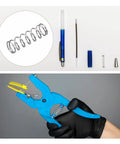 Front view: METALLIXITY compression springs, 0.5x7 mm OD, 15 mm free length, 304 stainless steel, 20 pcs
Installed view: blue hand rivet/press tool in use by a gloved hand, with a spring visible in the mechanism