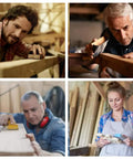 Collage of people using sandpaper, depicting various uses of 45 Piece Wet And Dry Sandpaper Set Workhorse Grit Range 120 To 5000.