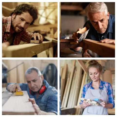 Collage of people using sandpaper, depicting various uses of 45 Piece Wet And Dry Sandpaper Set Workhorse Grit Range 120 To 5000.