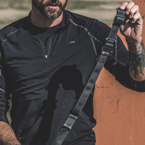 Man holding MS1 Two Point Quick Adjust Sling With Rapid Length Change For Easy Shoulder Transitions And Snag Free Carry in black