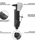 Side view of Pneumatic Cut Off Tool With 6 Pcs 3 Inch Die Grinder Cut Off Wheels Metal Sheet Cutter Durable Aluminum Body Anti Oxidation Build Safety Switch Fast Clean Cuts For Auto Shop And DIY Projects