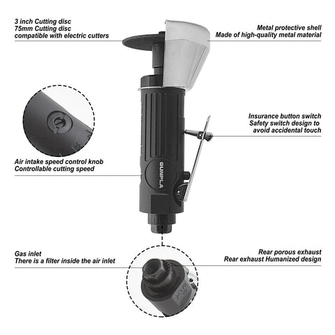 Side view of Pneumatic Cut Off Tool With 6 Pcs 3 Inch Die Grinder Cut Off Wheels Metal Sheet Cutter Durable Aluminum Body Anti Oxidation Build Safety Switch Fast Clean Cuts For Auto Shop And DIY Projects