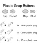Diagram showing plastic snap buttons with sizes 10mm, 12mm, and 15mm caps, sockets, studs, and tools labeled P3, P5, and P8.