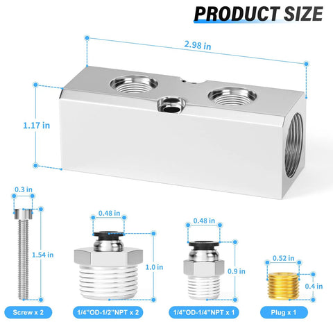 Heavy Duty Pneumatic Aluminum Manifold Block Kits 2 Way With 1/2 NPT Input And 1/4 NPT Output Air Exhaust Distribution For Compressed Air Systems Durable Corrosion Resistant Top Notch Performance, showing product dimensions and components.