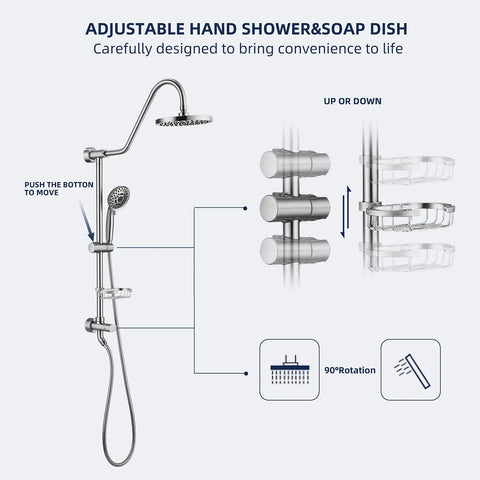 Rain Shower System With Eight Inch Rain Head And Handheld, Pro Grade Five Function Shower Spray, Adjustable Slide Bar