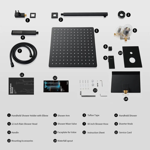 Components of 10 Inch Matte Black Rain Shower System With Brass Rough In Valve Included No More Water Hammer Pressure Balance Valve For Smooth Hot Cold Transitions And Pro Grade Shower Fixtures For Your Bathroom Renovation including shower head, valve, and accessories.