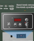 Control panel of Rock Solid Stainless Steel Food Dehydrator With 360 Degree Spin Cycle showing digital settings and touch screen.