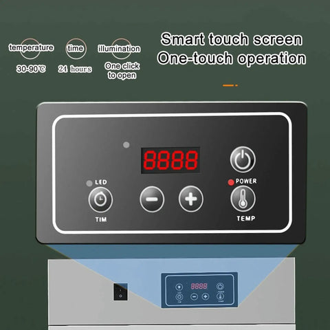Control panel of Rock Solid Stainless Steel Food Dehydrator With 360 Degree Spin Cycle showing digital settings and touch screen.