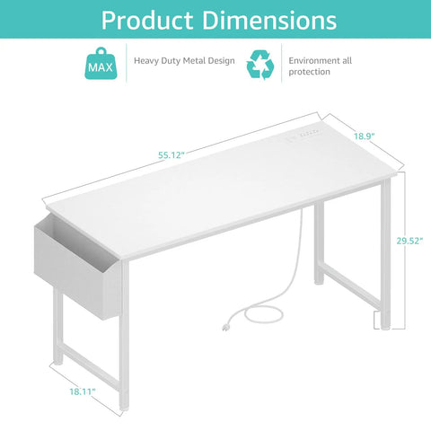 White Computer Desk With Built In Power Outlet And USB Charging Station 55 Inch Teen Study Table dimensions illustration