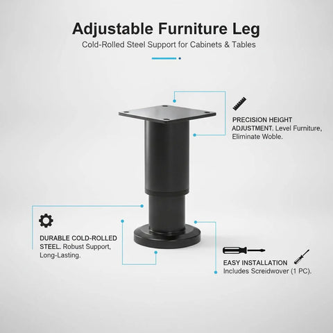 Cold Rolled Steel Adjustable Furniture Leg With Black Powder Coat Base For Cabinets And Tables Wobble Free Leveling Support Heavy Duty Stabilizer