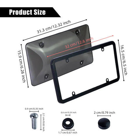 Clear License Plate Cover And Frame To Keep Your Ride Looking Fresh Anti Scratch Weather Resistant Protector For Cars Universal US Standard Plates Includes Screws Caps And Washers Durable Black Exterior Accessory with size measurements