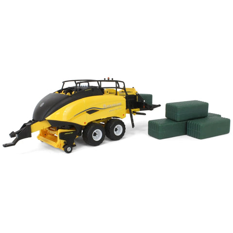 1/32 Scale New Holland Big Baler 340 Plus Diecast Model with six square bales, twin axles, and raiseable chute on display