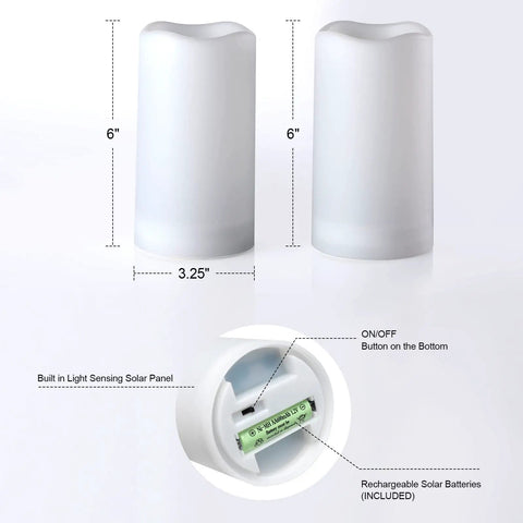 Solar Flameless Candles Outdoor Waterproof Led Lantern Lights Dusk To Dawn Flicker Reusable 3D Wick Candles dimensions and solar panel view