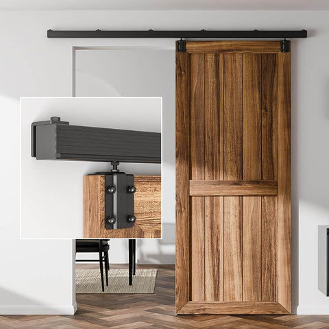 8Ft Box Rail Sliding Barn Door Hardware Kit Wall Mount Track System Built Tough Steel With Black Powder Coating, door