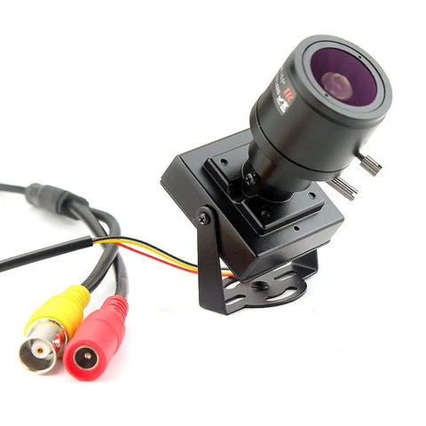 Compact Bullet Security Camera 960H 1000TVL HD with 2.8 to 12mm varifocal lens and metal case displayed with connecting cables.