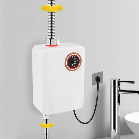 Instant Hot Water Heater Tankless Electric 3000W Wall Mounted with digital display, compact white design next to a sink.