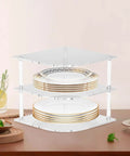 Acrylic Corner Shelf Cabinet 3 Tier Plate Rack Storage Organizer for cups, dishes, and water glasses on a countertop in a kitchen space.