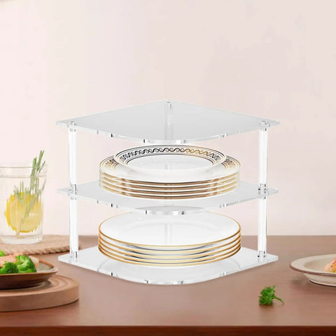 Acrylic Corner Shelf Cabinet 3 Tier Plate Rack Storage Organizer for cups, dishes, and water glasses on a countertop in a kitchen space.