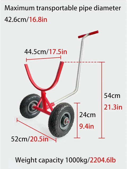 Heavy Duty Pipe Dolly With Solid Tires And 360 Degree Rotating Forks, Built Like A Tank Steel Pipe Transporter Cart with dimensions and load capacity.