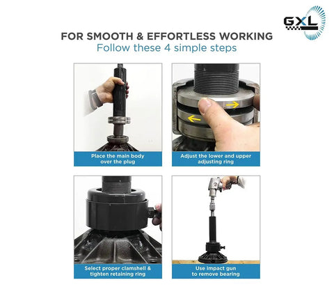 Carrier And Pinion Bearing Puller For Dana 30 40 60 70 80 And Ford 10.25 Clamshell Design tool showing four assembly steps.