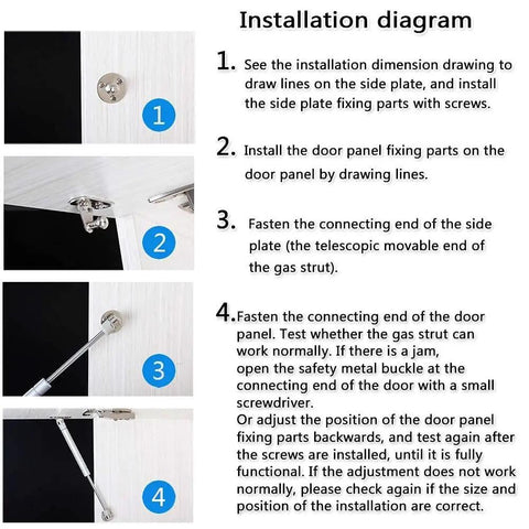 Installation diagram for Gas Strut Cabinet Lid Support Kit For Soft Close Cabinet Doors 150N 33lb 15kg 2 Pack Easy Install Lift System