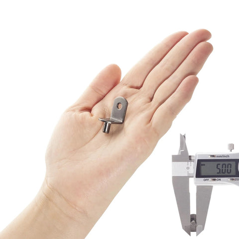 5mm L Shaped Shelf Pins For Wood Shelving 8.2mm Pin Length Cabinet Support Pins in hand with caliper gun metal finish