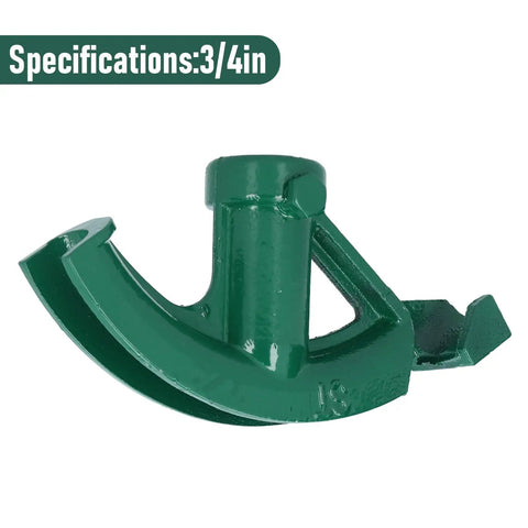 Heavy duty cast iron pipe bender tool in green, designed for manual operation of bending pipes at 90 to 180 degrees.
