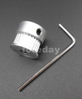 Heavy Duty Alloy GT2 Synchronous Timing Pulley Five Pack With 25 Teeth 6mm Wide And 8mm Bore alongside an Allen wrench on a black surface.