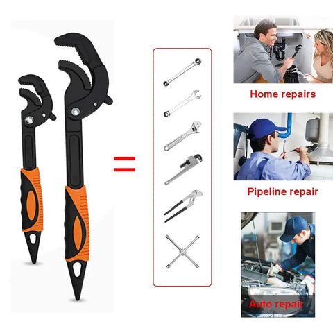 Self Adjusting Universal Wrench Set 1045 Steel Heavy Duty Workhorse DIY Spanner with one hand operation alongside repair images