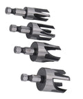 Top Tier Carbon Steel Tapered Plug Cutter Set Of Four With Hex Shank Handles showing 1/4, 3/8, 1/2, and 5/8 inch sizes for woodworking.