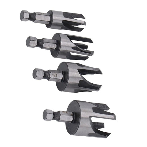 Top Tier Carbon Steel Tapered Plug Cutter Set Of Four With Hex Shank Handles showing 1/4, 3/8, 1/2, and 5/8 inch sizes for woodworking.