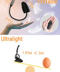 Rechargeable Clip On Book Light With Eye Care 3 Color Temperatures, lightweight design compared to an egg, hand-held image.