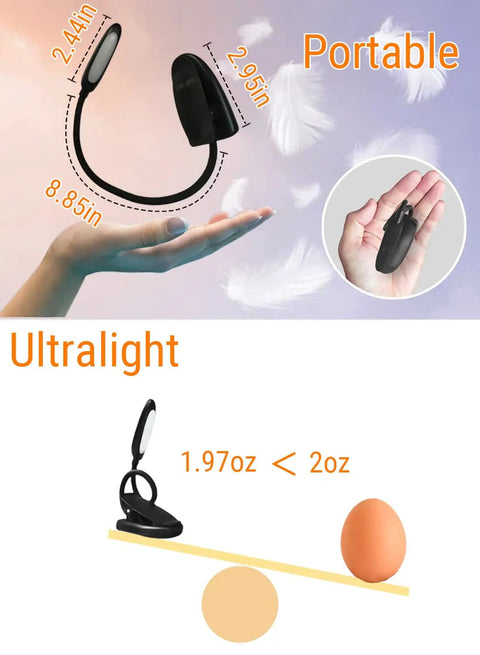 Rechargeable Clip On Book Light With Eye Care 3 Color Temperatures, lightweight design compared to an egg, hand-held image.