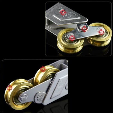 Heavy Duty Stainless Steel Sliding Door Rollers Featuring Double Wheel Pulleys For Bathroom Cabinets And Glass Panels close-up view of dual wheel hardware