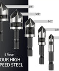 Pro Grade Countersink Drill Bit Set For Metal And Wood, Five Piece M2 Cobalt, Five Flute 82 Degree Bits, Hex Shank, Sizes 1/4 to 3/4 inch.
