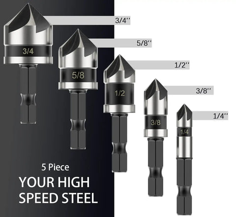 Pro Grade Countersink Drill Bit Set For Metal And Wood, Five Piece M2 Cobalt, Five Flute 82 Degree Bits, Hex Shank, Sizes 1/4 to 3/4 inch.